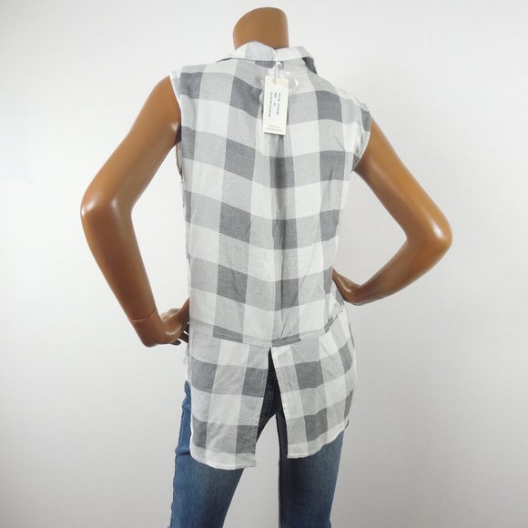 SIM & SAM Top XL New Casual Button Down Plaid Shirt Hi/Low Split Hem Gray/White - Picture 7 of 11